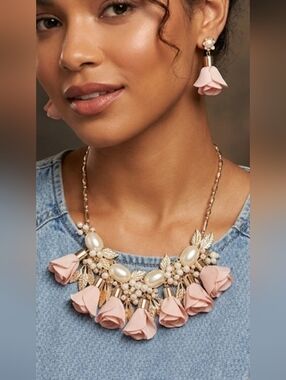 Gold-Tone Pink Floral  and pearl Statement Necklace by inc